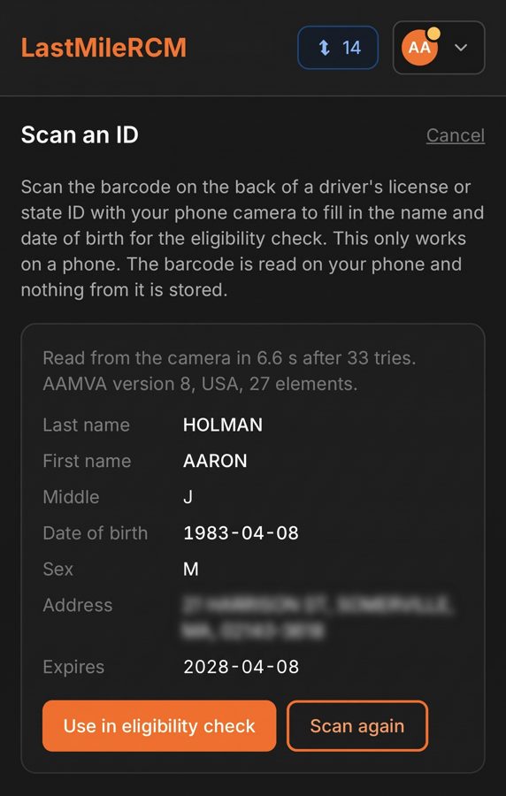 LastMile RCM scan result screen showing last name, first name, middle initial, and date of birth read from the ID barcode