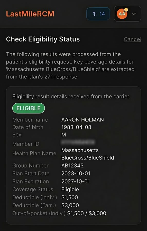 LastMile RCM eligibility status screen showing an Eligible result with member name, date of birth, health plan name, group number, plan dates, and coverage details
