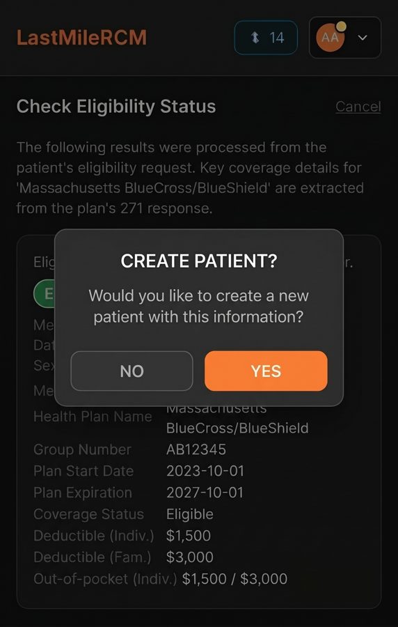 LastMile RCM prompt asking whether to create a new patient record with the verified eligibility information